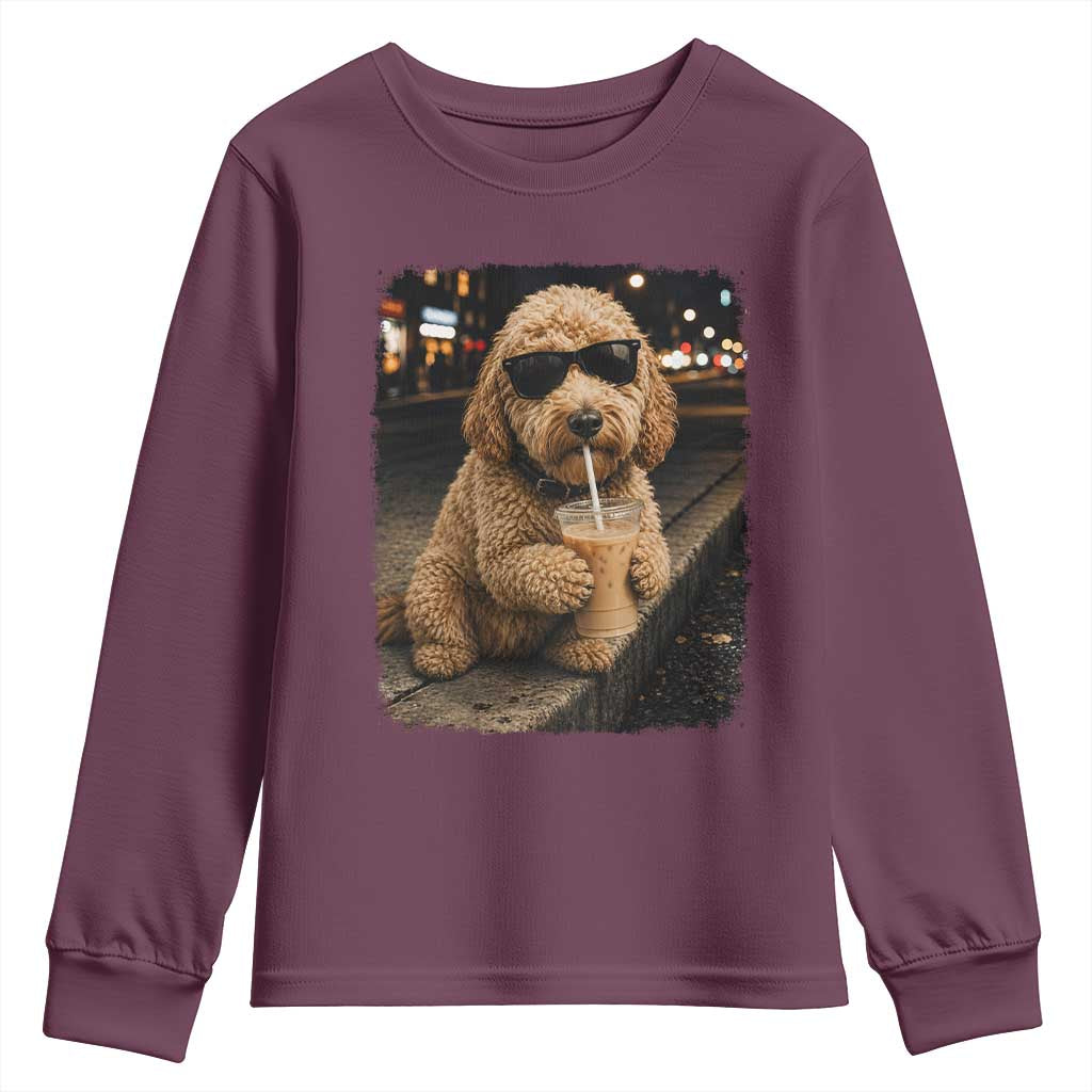 Goldendoodle Drinking Iced Coffee Youth Sweatshirt Grunge Graphic Funny Dog Lover
