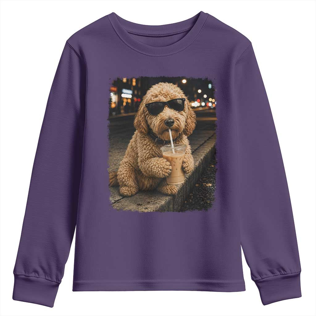 Goldendoodle Drinking Iced Coffee Youth Sweatshirt Grunge Graphic Funny Dog Lover