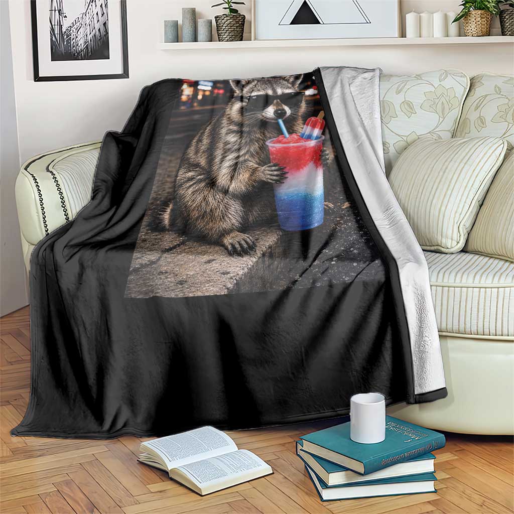 4th Of July Raccoon Drinking Slushie Throw Blanket Patriotic 250 Anniversary USA Trash Panda Funny Meme