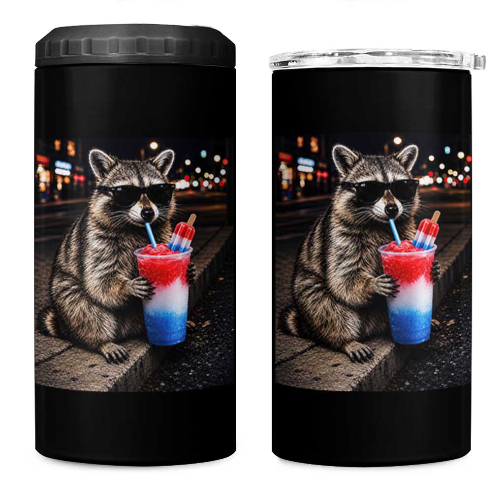 4th Of July Raccoon Drinking Slushie 4 in 1 Can Cooler Tumbler Patriotic 250 Anniversary USA Trash Panda Funny Meme
