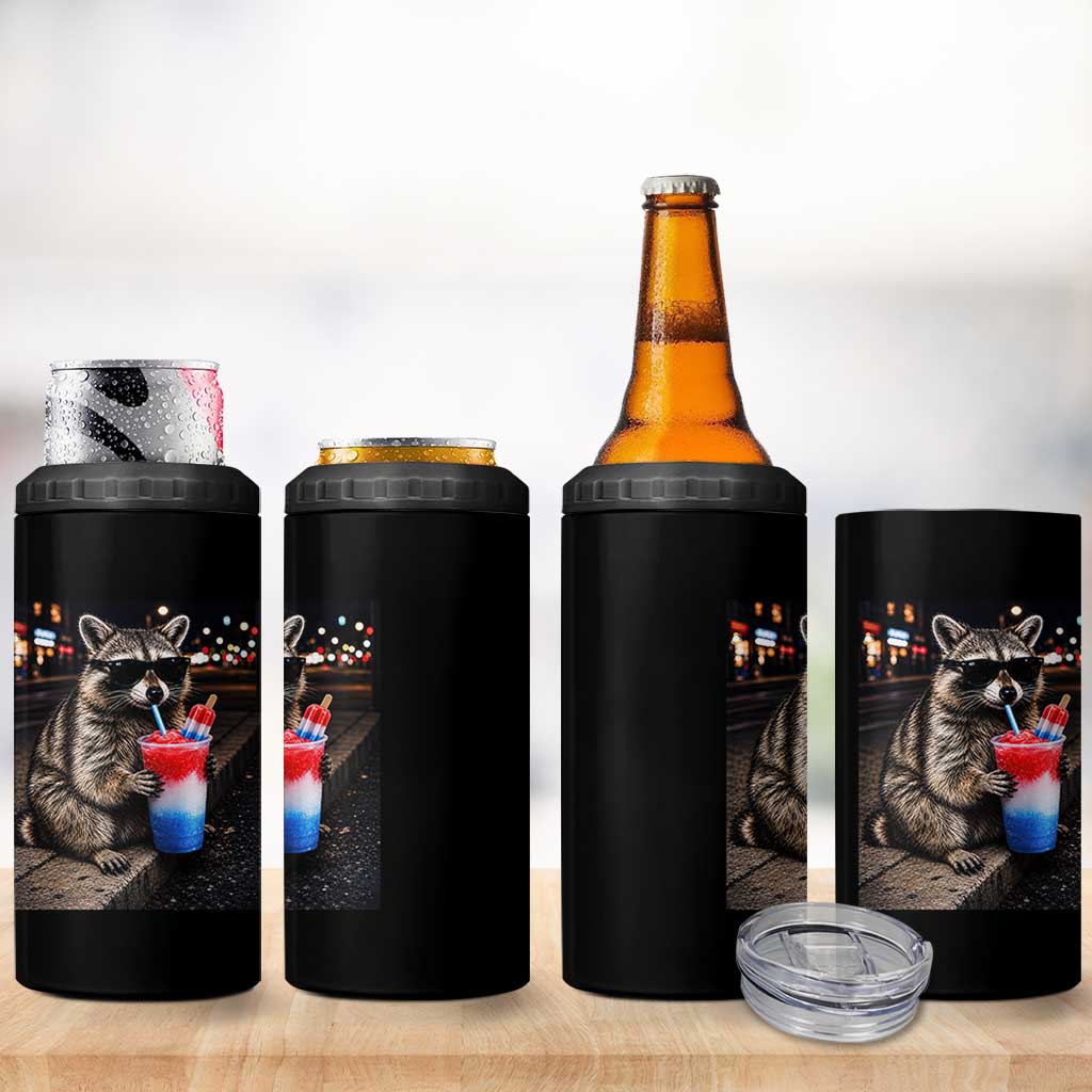 4th Of July Raccoon Drinking Slushie 4 in 1 Can Cooler Tumbler Patriotic 250 Anniversary USA Trash Panda Funny Meme