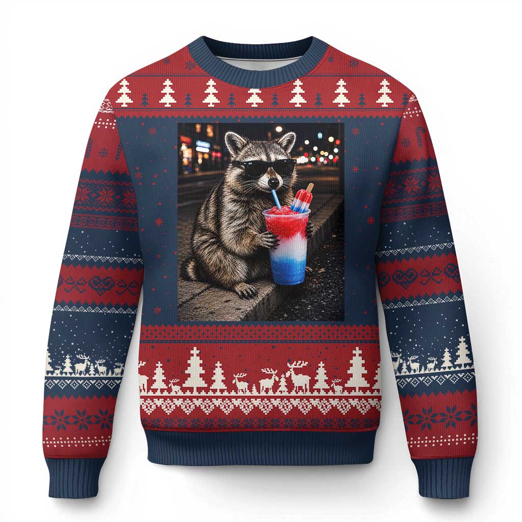 4th Of July Raccoon Drinking Slushie Ugly Christmas Sweater Patriotic 250 Anniversary USA Trash Panda Funny Meme