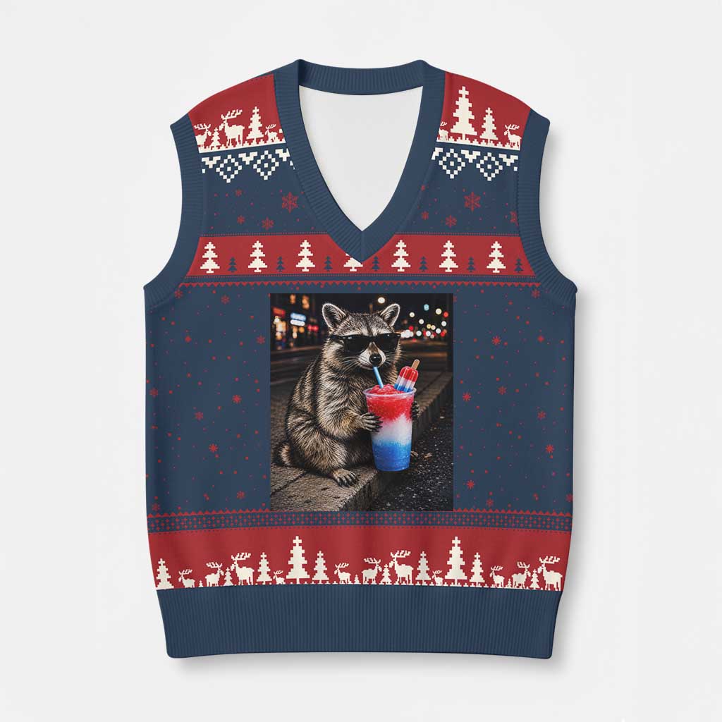 4th Of July Raccoon Drinking Slushie V-Neck Knit Sweater Vest Patriotic 250 Anniversary USA Trash Panda Funny Meme