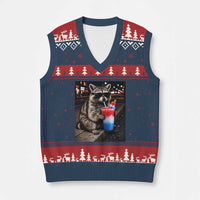 4th Of July Raccoon Drinking Slushie V-Neck Knit Sweater Vest Patriotic 250 Anniversary USA Trash Panda Funny Meme