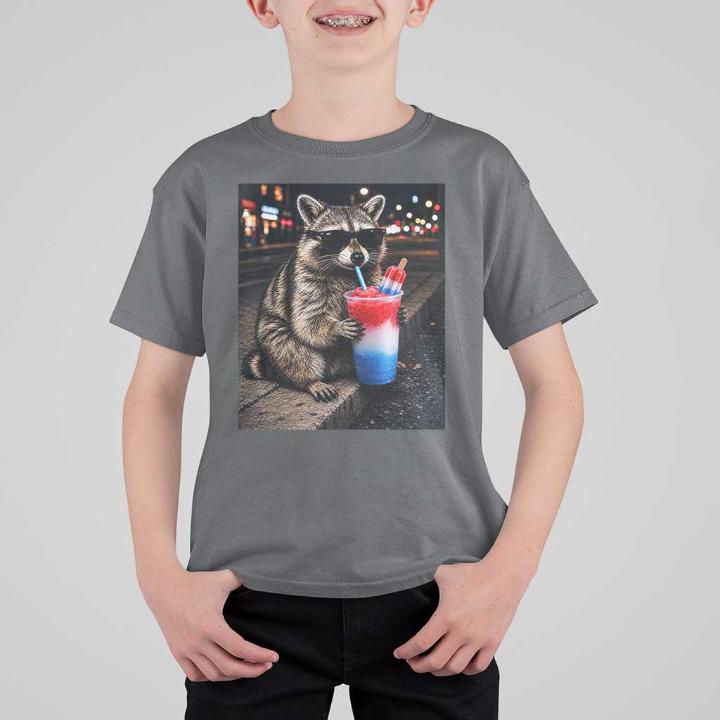 4th Of July Raccoon Drinking Slushie T Shirt For Kid Patriotic 250 Anniversary USA Trash Panda Funny Meme