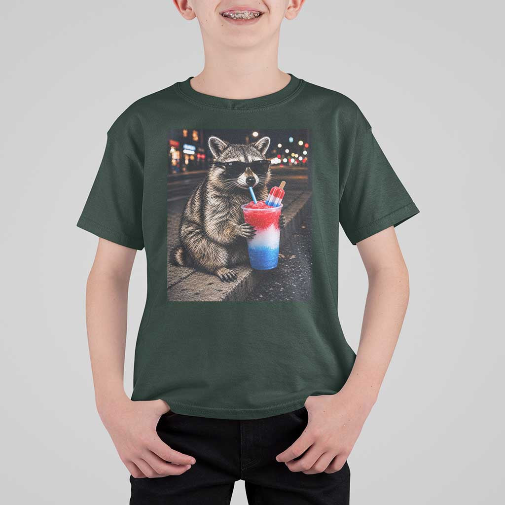 4th Of July Raccoon Drinking Slushie T Shirt For Kid Patriotic 250 Anniversary USA Trash Panda Funny Meme