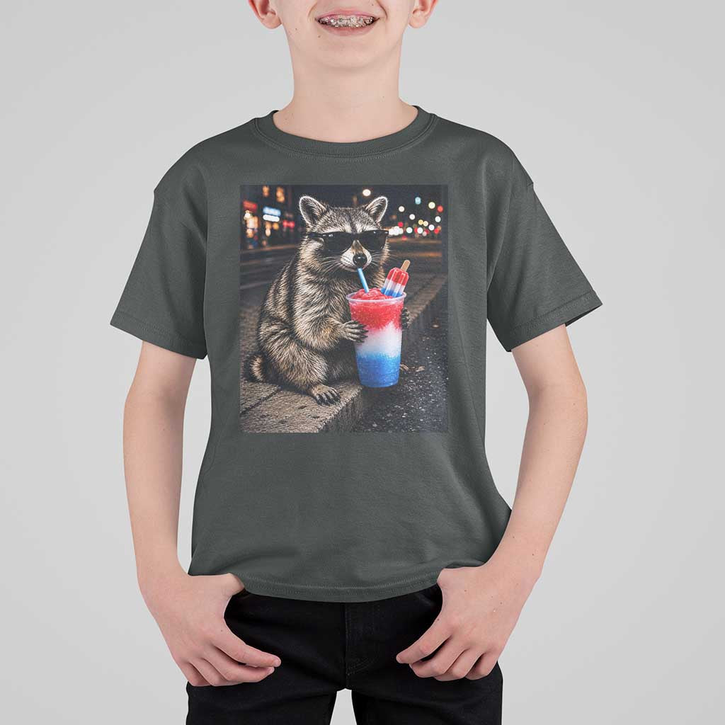 4th Of July Raccoon Drinking Slushie T Shirt For Kid Patriotic 250 Anniversary USA Trash Panda Funny Meme