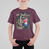 4th Of July Raccoon Drinking Slushie T Shirt For Kid Patriotic 250 Anniversary USA Trash Panda Funny Meme