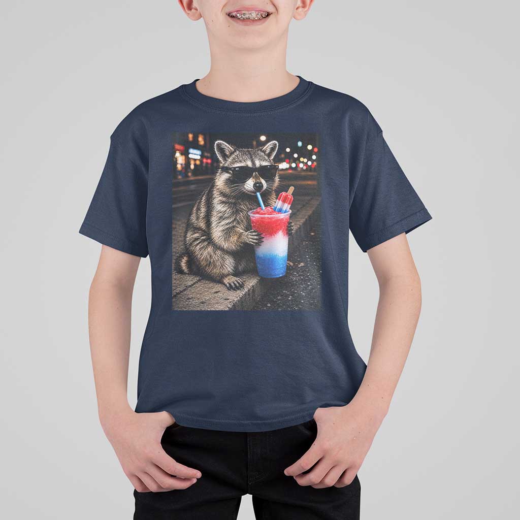 4th Of July Raccoon Drinking Slushie T Shirt For Kid Patriotic 250 Anniversary USA Trash Panda Funny Meme