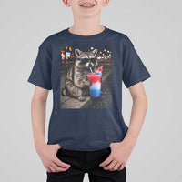 4th Of July Raccoon Drinking Slushie T Shirt For Kid Patriotic 250 Anniversary USA Trash Panda Funny Meme