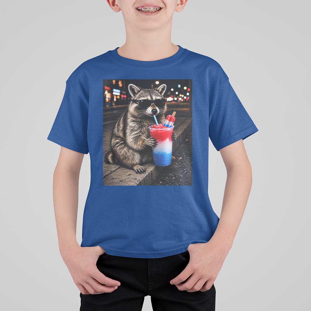 4th Of July Raccoon Drinking Slushie T Shirt For Kid Patriotic 250 Anniversary USA Trash Panda Funny Meme