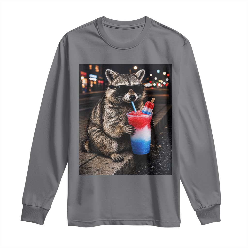4th Of July Raccoon Drinking Slushie Long Sleeve Shirt Patriotic 250 Anniversary USA Trash Panda Funny Meme