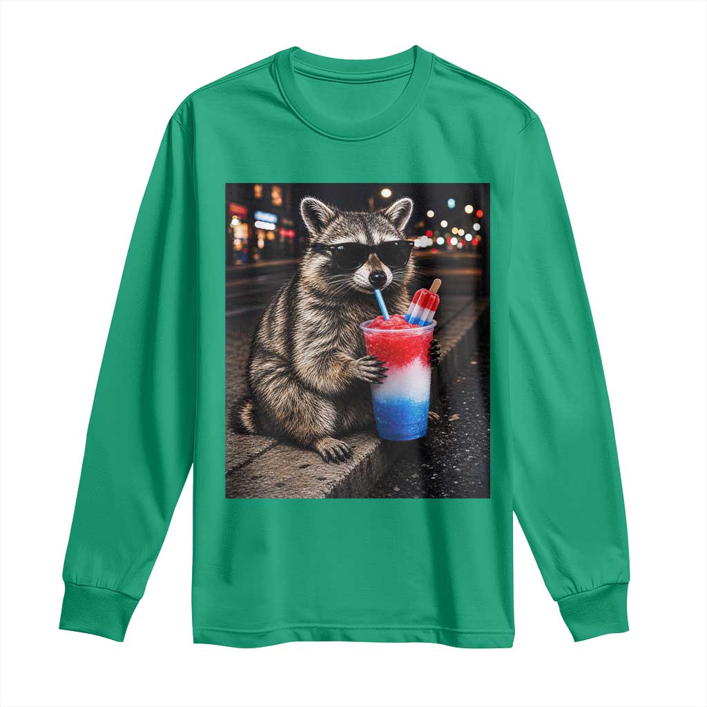 4th Of July Raccoon Drinking Slushie Long Sleeve Shirt Patriotic 250 Anniversary USA Trash Panda Funny Meme