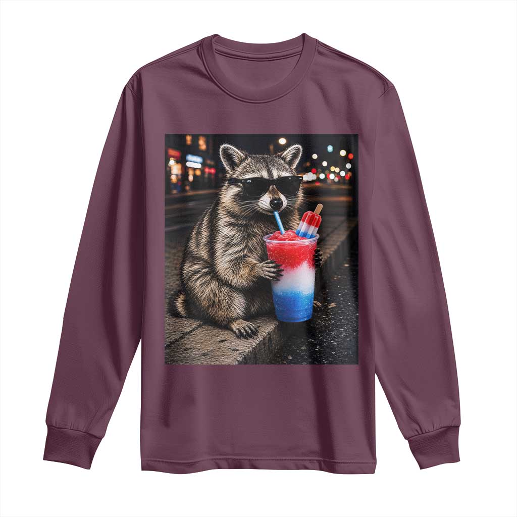 4th Of July Raccoon Drinking Slushie Long Sleeve Shirt Patriotic 250 Anniversary USA Trash Panda Funny Meme