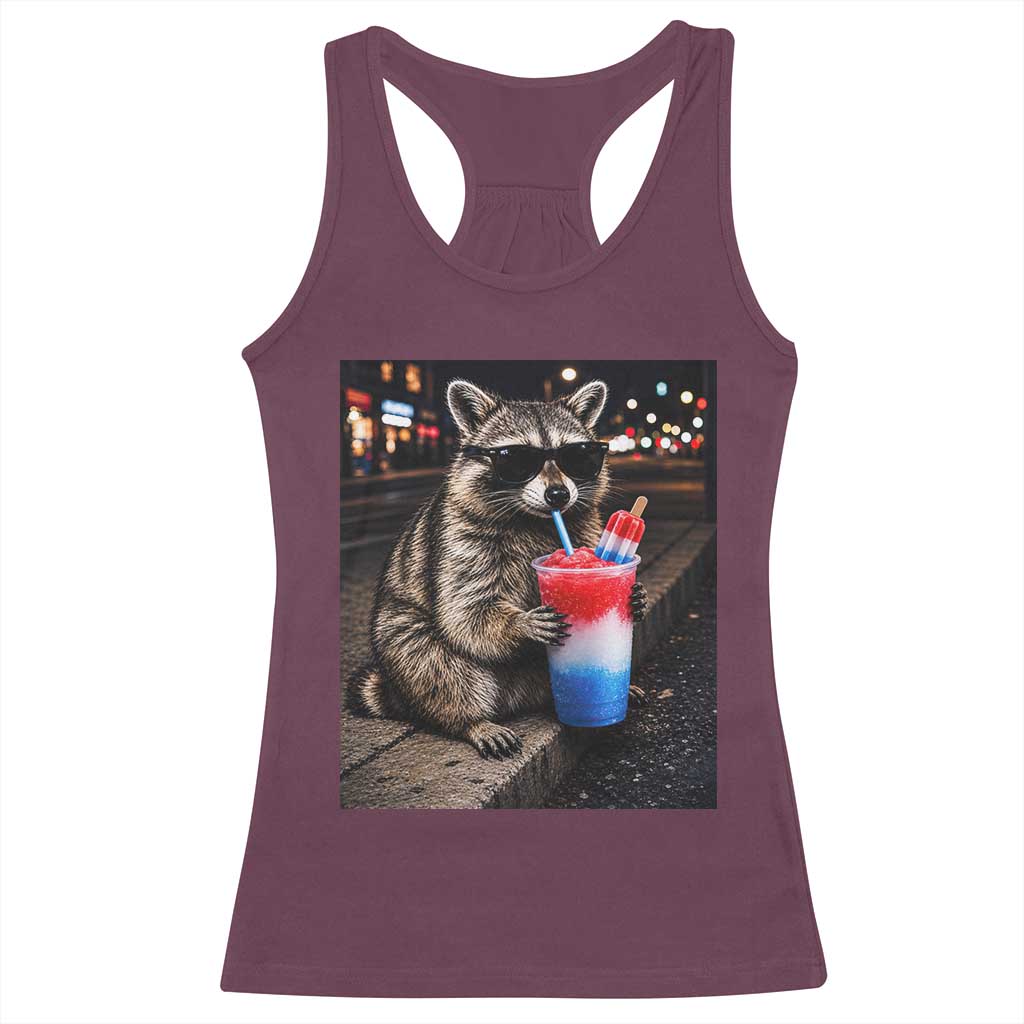 4th Of July Raccoon Drinking Slushie Racerback Tank Top Patriotic 250 Anniversary USA Trash Panda Funny Meme