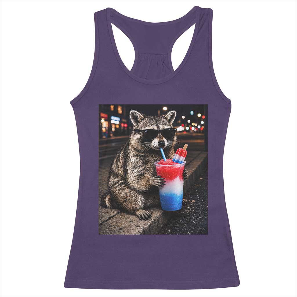 4th Of July Raccoon Drinking Slushie Racerback Tank Top Patriotic 250 Anniversary USA Trash Panda Funny Meme