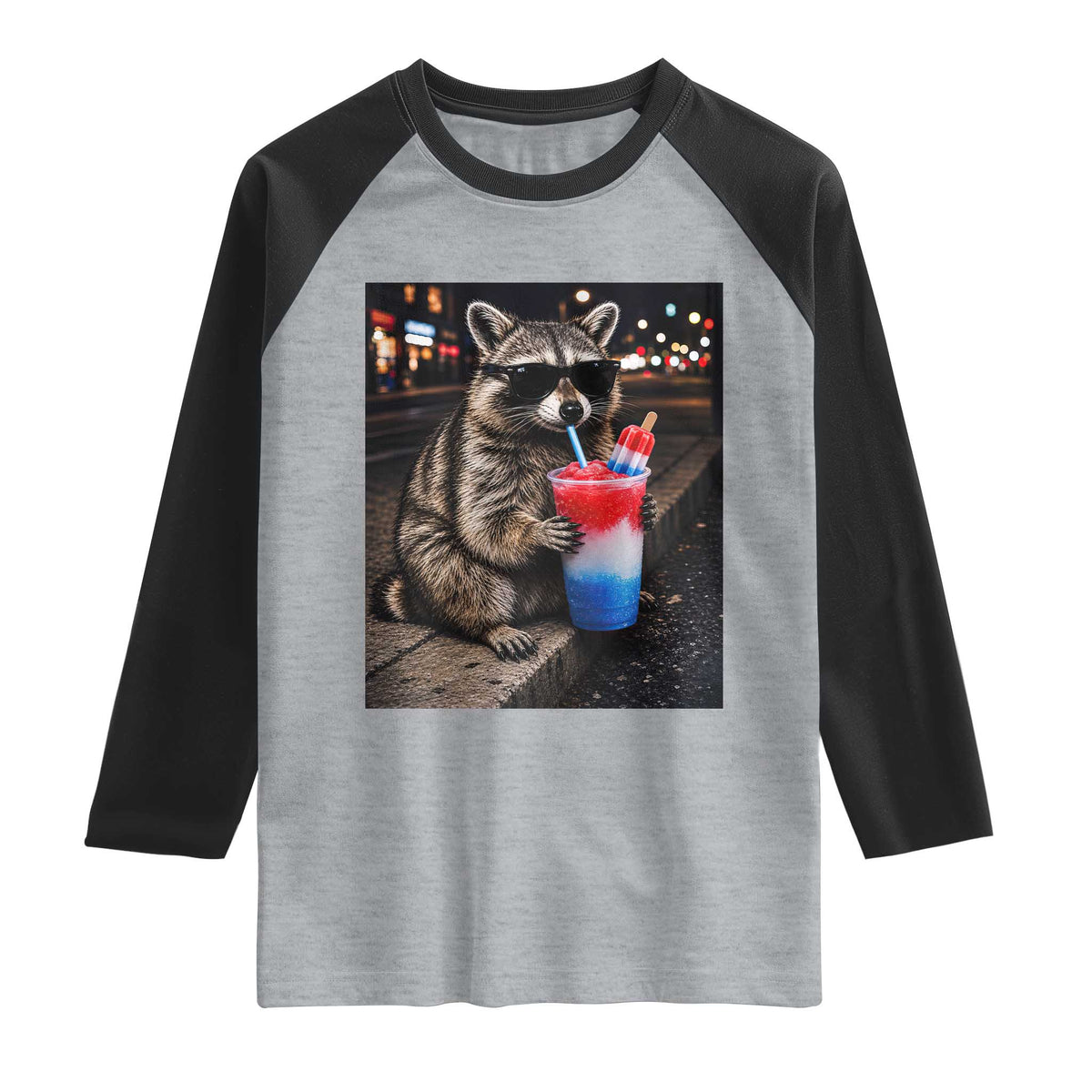 4th Of July Raccoon Drinking Slushie Raglan Shirt Patriotic 250 Anniversary USA Trash Panda Funny Meme
