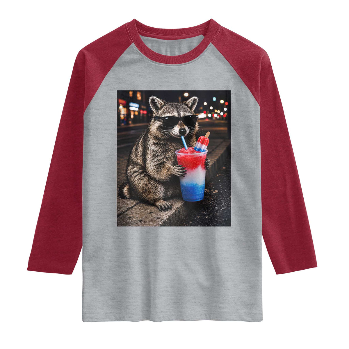 4th Of July Raccoon Drinking Slushie Raglan Shirt Patriotic 250 Anniversary USA Trash Panda Funny Meme
