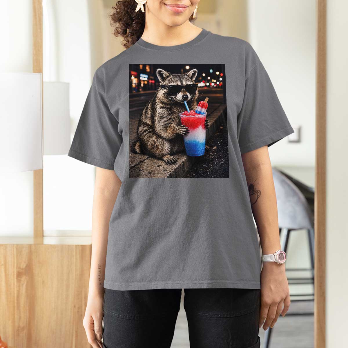 4th Of July Raccoon Drinking Slushie T Shirt For Women Patriotic 250 Anniversary USA Trash Panda Funny Meme
