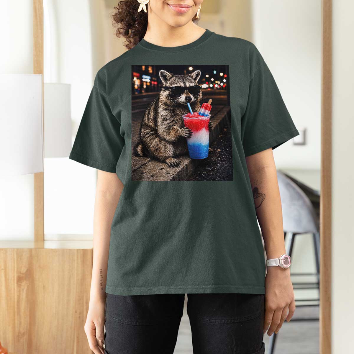 4th Of July Raccoon Drinking Slushie T Shirt For Women Patriotic 250 Anniversary USA Trash Panda Funny Meme