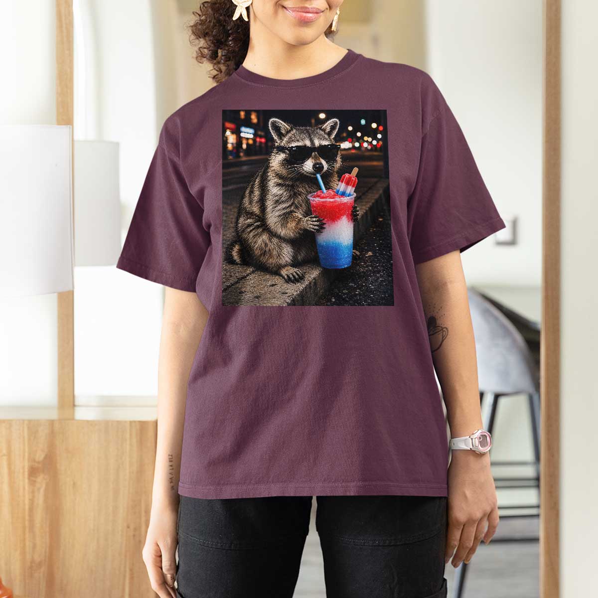 4th Of July Raccoon Drinking Slushie T Shirt For Women Patriotic 250 Anniversary USA Trash Panda Funny Meme