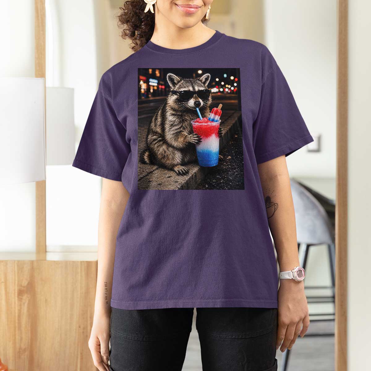 4th Of July Raccoon Drinking Slushie T Shirt For Women Patriotic 250 Anniversary USA Trash Panda Funny Meme
