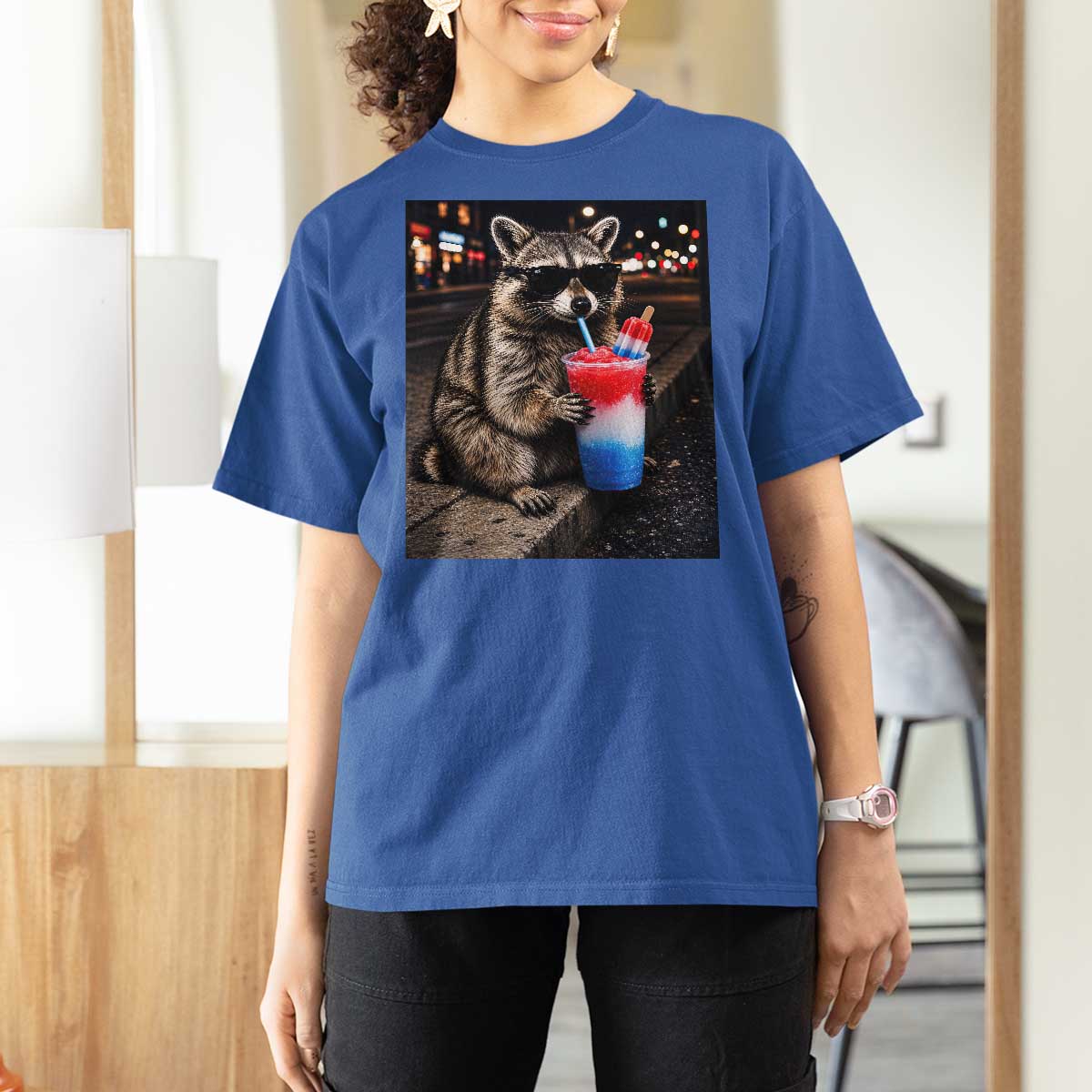 4th Of July Raccoon Drinking Slushie T Shirt For Women Patriotic 250 Anniversary USA Trash Panda Funny Meme
