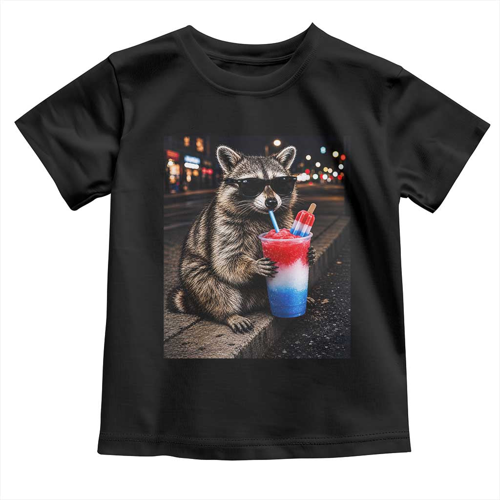 4th Of July Raccoon Drinking Slushie Toddler T Shirt Patriotic 250 Anniversary USA Trash Panda Funny Meme