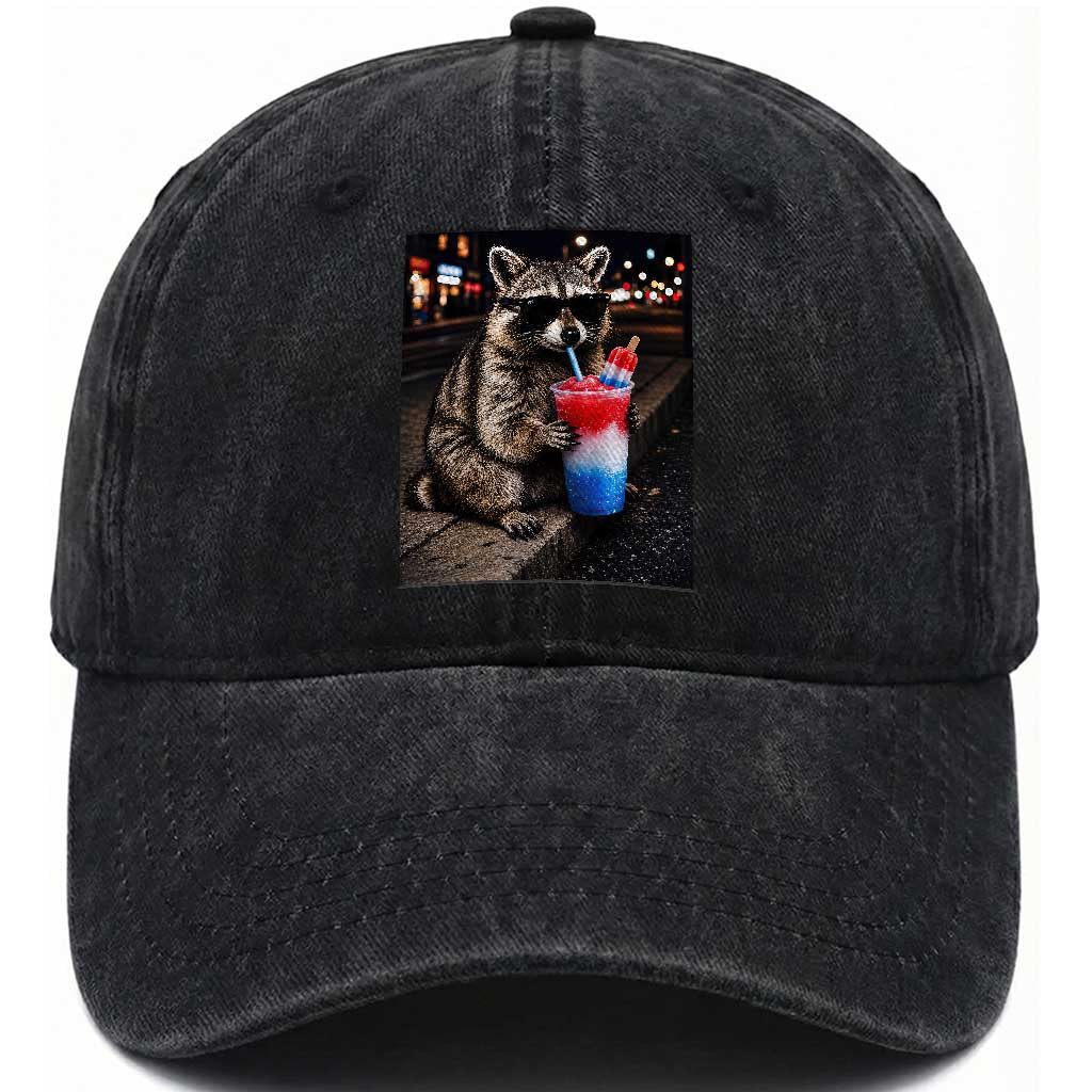 4th Of July Raccoon Drinking Slushie Washed Cotton Baseball Cap Patriotic 250 Anniversary USA Trash Panda Funny Meme