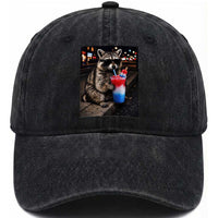 4th Of July Raccoon Drinking Slushie Washed Cotton Baseball Cap Patriotic 250 Anniversary USA Trash Panda Funny Meme