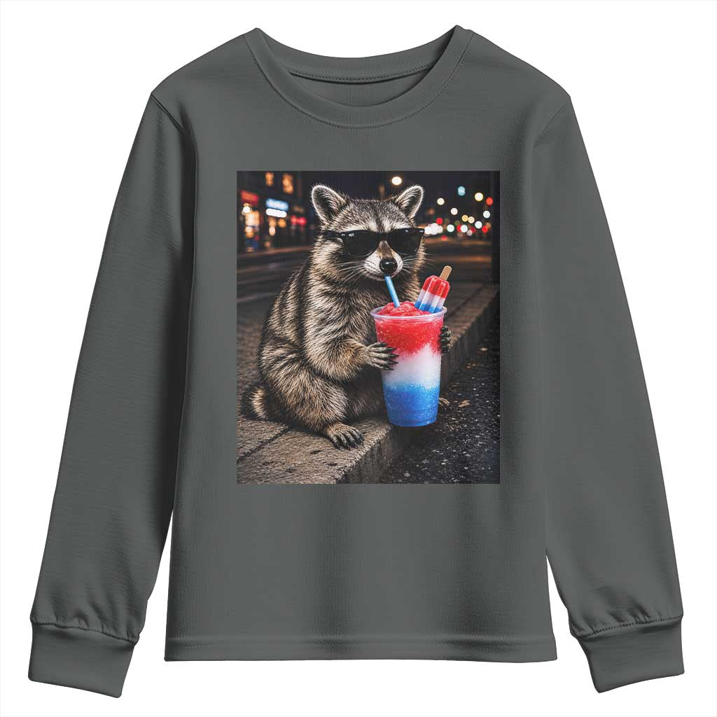 4th Of July Raccoon Drinking Slushie Youth Sweatshirt Patriotic 250 Anniversary USA Trash Panda Funny Meme