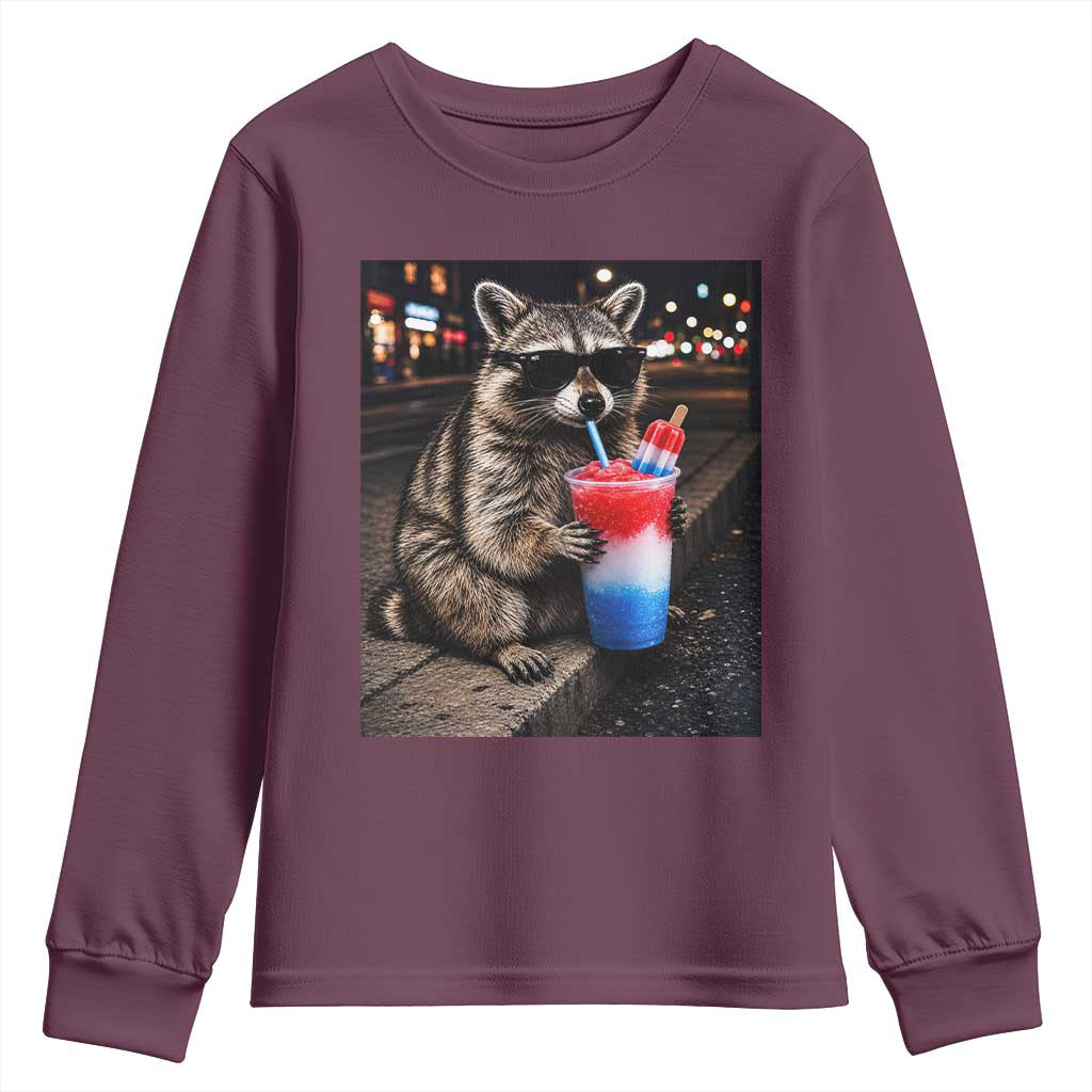 4th Of July Raccoon Drinking Slushie Youth Sweatshirt Patriotic 250 Anniversary USA Trash Panda Funny Meme