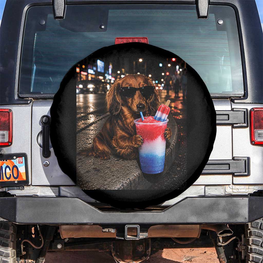 4th Of July Dachshund Drinking Slushie Spare Tire Cover Patriotic 250 Anniversary USA Dog Lovers Funny Meme