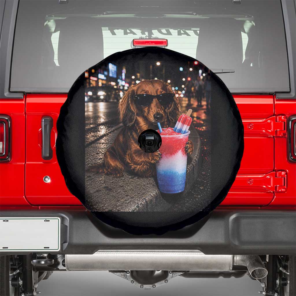 4th Of July Dachshund Drinking Slushie Spare Tire Cover Patriotic 250 Anniversary USA Dog Lovers Funny Meme