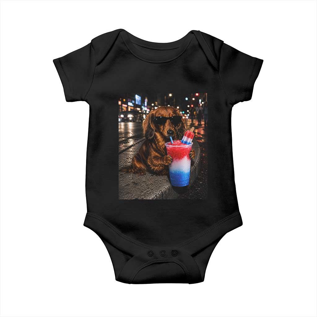 4th Of July Dachshund Drinking Slushie Baby Onesie Patriotic 250 Anniversary USA Dog Lovers Funny Meme