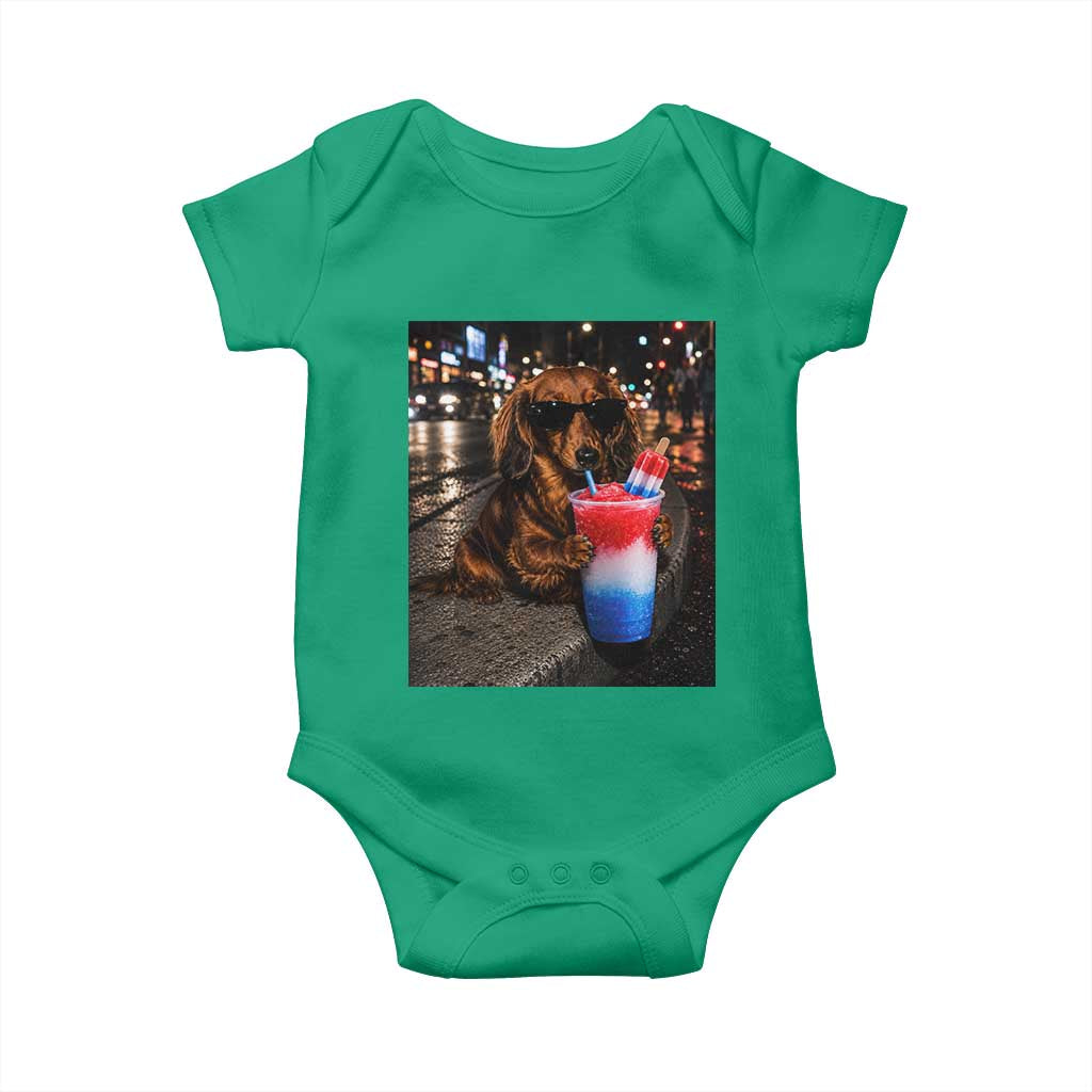 4th Of July Dachshund Drinking Slushie Baby Onesie Patriotic 250 Anniversary USA Dog Lovers Funny Meme