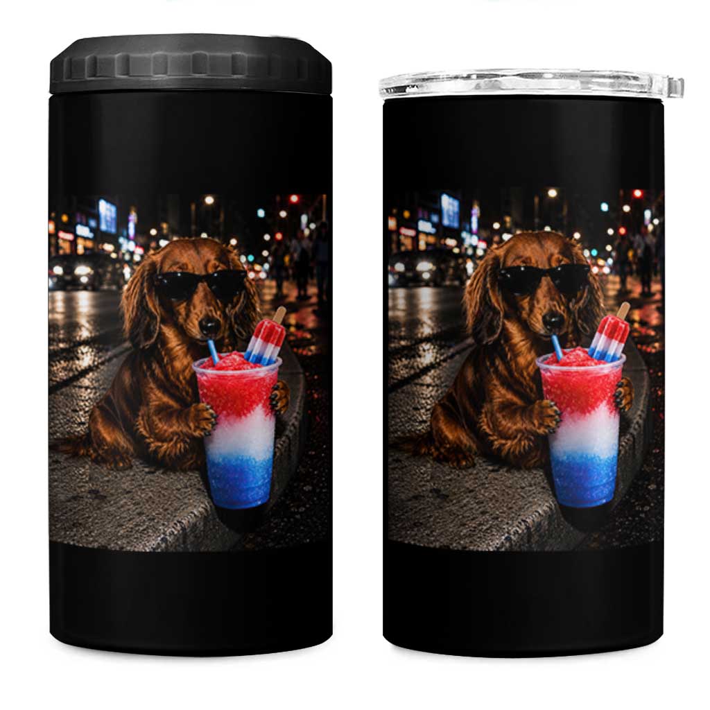 4th Of July Dachshund Drinking Slushie 4 in 1 Can Cooler Tumbler Patriotic 250 Anniversary USA Dog Lovers Funny Meme