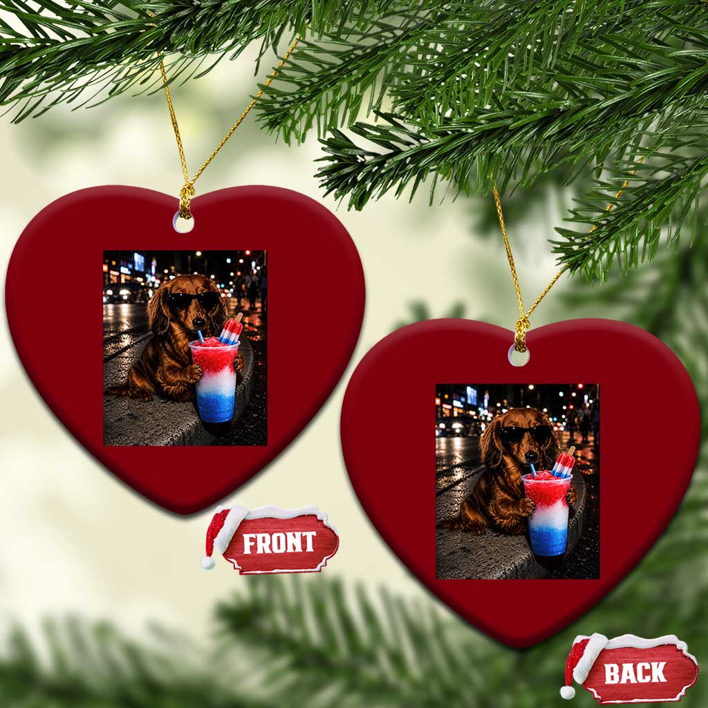 4th Of July Dachshund Drinking Slushie Ceramic Ornament Patriotic 250 Anniversary USA Dog Lovers Funny Meme