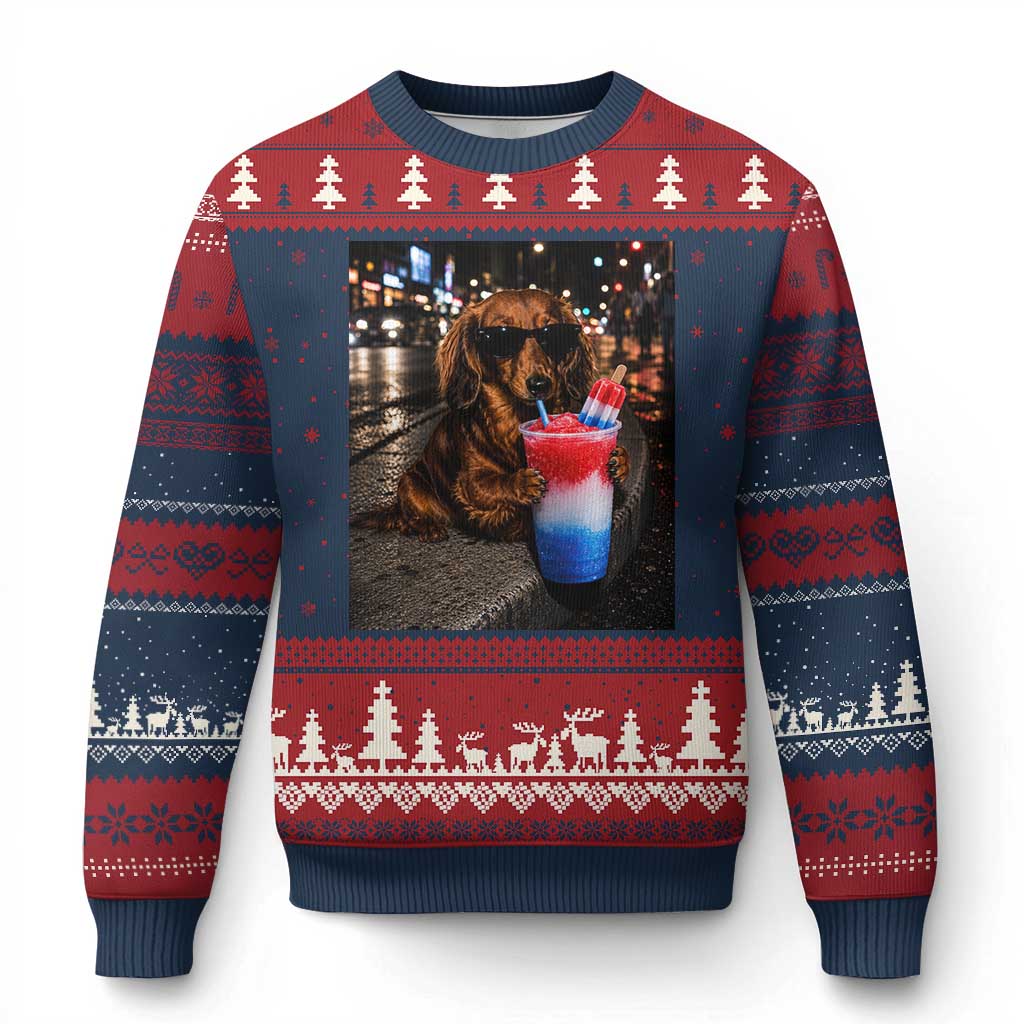 4th Of July Dachshund Drinking Slushie Ugly Christmas Sweater Patriotic 250 Anniversary USA Dog Lovers Funny Meme