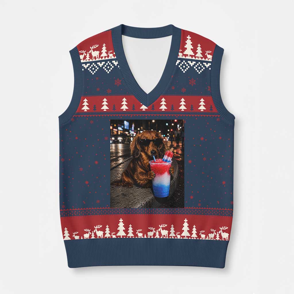 4th Of July Dachshund Drinking Slushie V-Neck Knit Sweater Vest Patriotic 250 Anniversary USA Dog Lovers Funny Meme