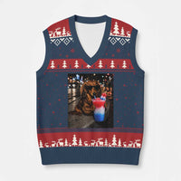 4th Of July Dachshund Drinking Slushie V-Neck Knit Sweater Vest Patriotic 250 Anniversary USA Dog Lovers Funny Meme