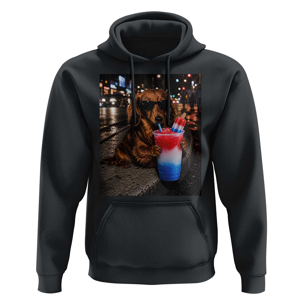 4th Of July Dachshund Drinking Slushie Hoodie Patriotic 250 Anniversary USA Dog Lovers Funny Meme