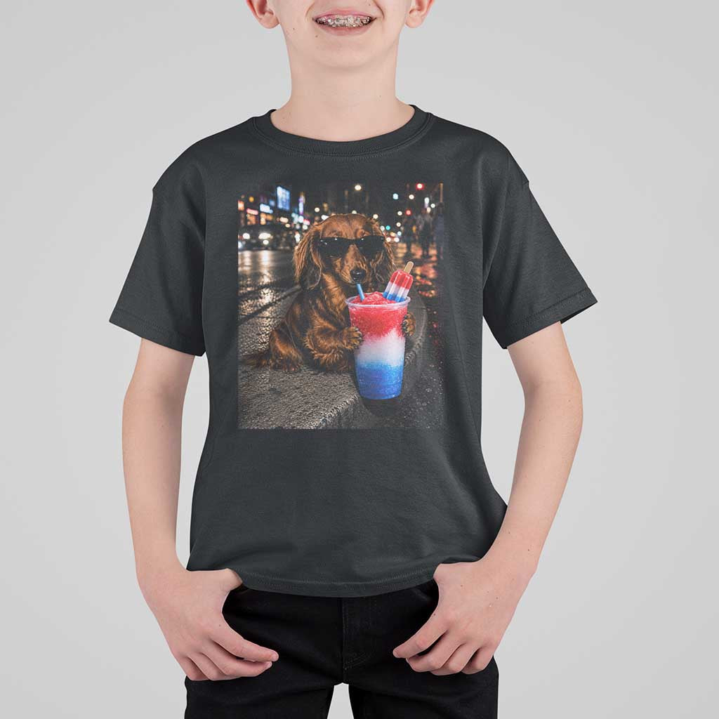 4th Of July Dachshund Drinking Slushie T Shirt For Kid Patriotic 250 Anniversary USA Dog Lovers Funny Meme