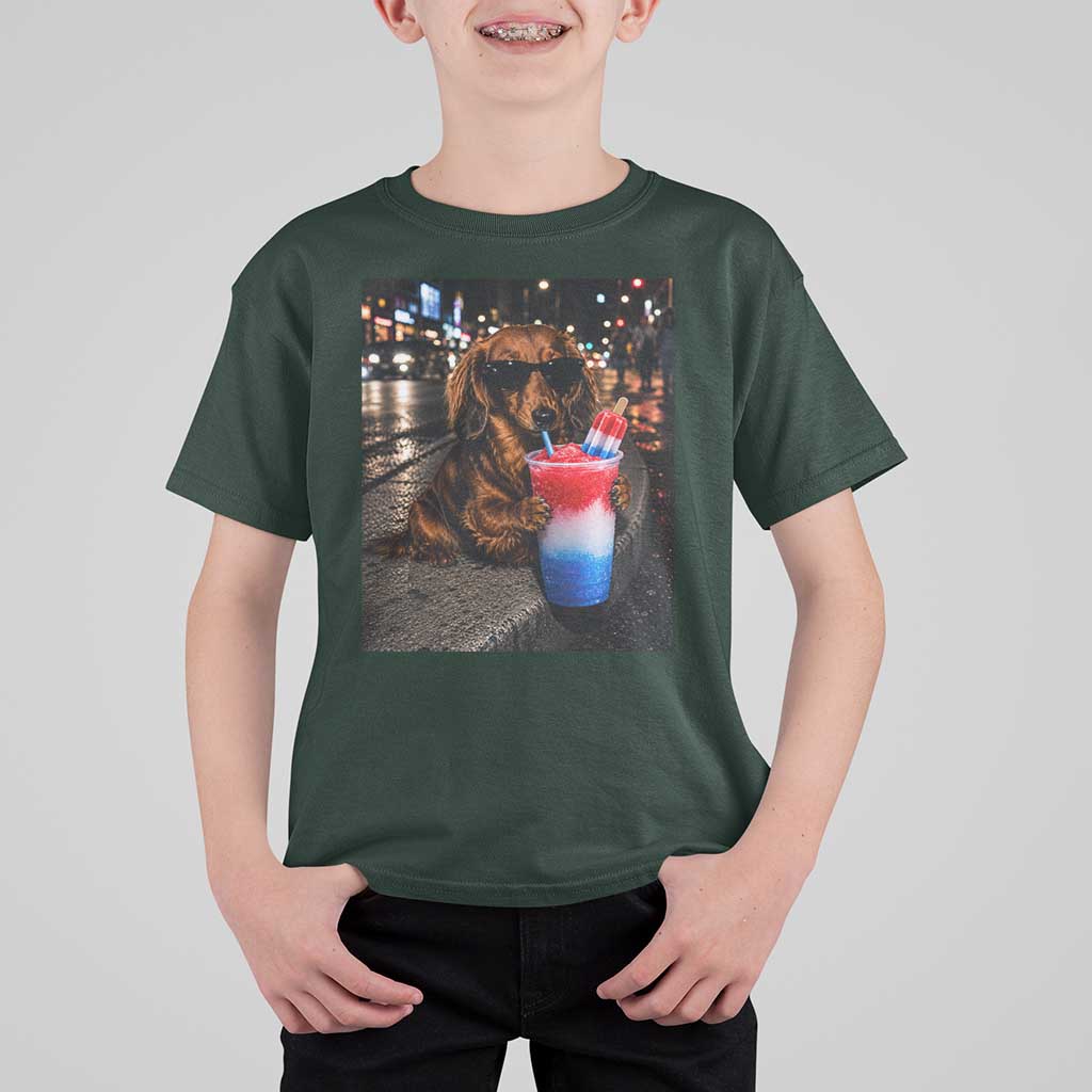 4th Of July Dachshund Drinking Slushie T Shirt For Kid Patriotic 250 Anniversary USA Dog Lovers Funny Meme