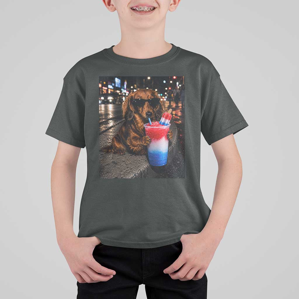 4th Of July Dachshund Drinking Slushie T Shirt For Kid Patriotic 250 Anniversary USA Dog Lovers Funny Meme