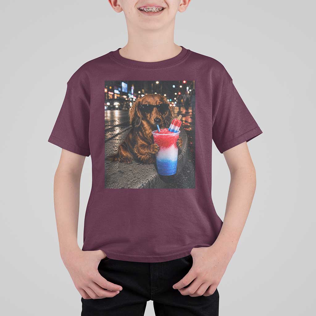 4th Of July Dachshund Drinking Slushie T Shirt For Kid Patriotic 250 Anniversary USA Dog Lovers Funny Meme