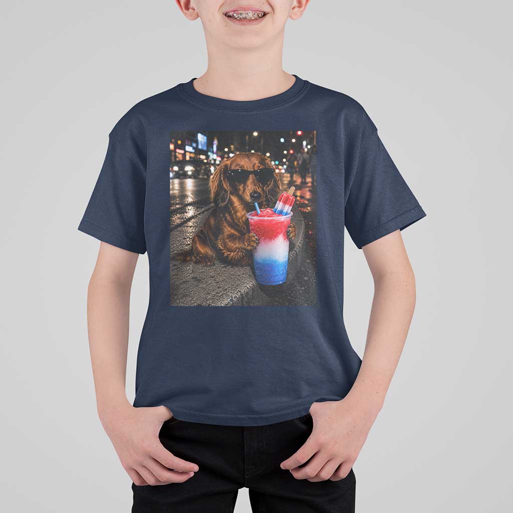 4th Of July Dachshund Drinking Slushie T Shirt For Kid Patriotic 250 Anniversary USA Dog Lovers Funny Meme