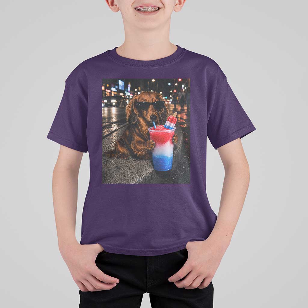 4th Of July Dachshund Drinking Slushie T Shirt For Kid Patriotic 250 Anniversary USA Dog Lovers Funny Meme