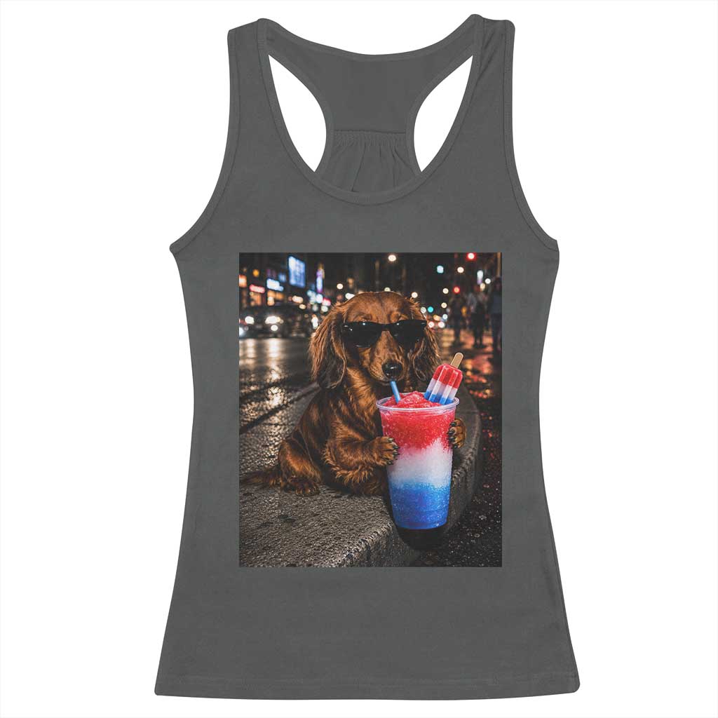 4th Of July Dachshund Drinking Slushie Racerback Tank Top Patriotic 250 Anniversary USA Dog Lovers Funny Meme