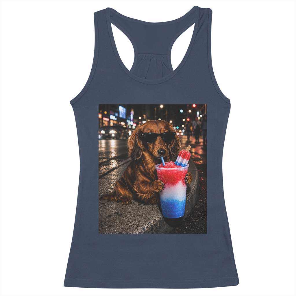 4th Of July Dachshund Drinking Slushie Racerback Tank Top Patriotic 250 Anniversary USA Dog Lovers Funny Meme